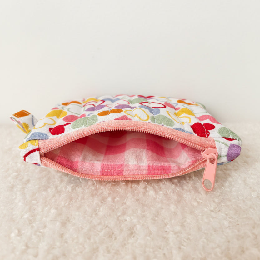 Quilted Zipper Coin Purse - Hearts (Pink)