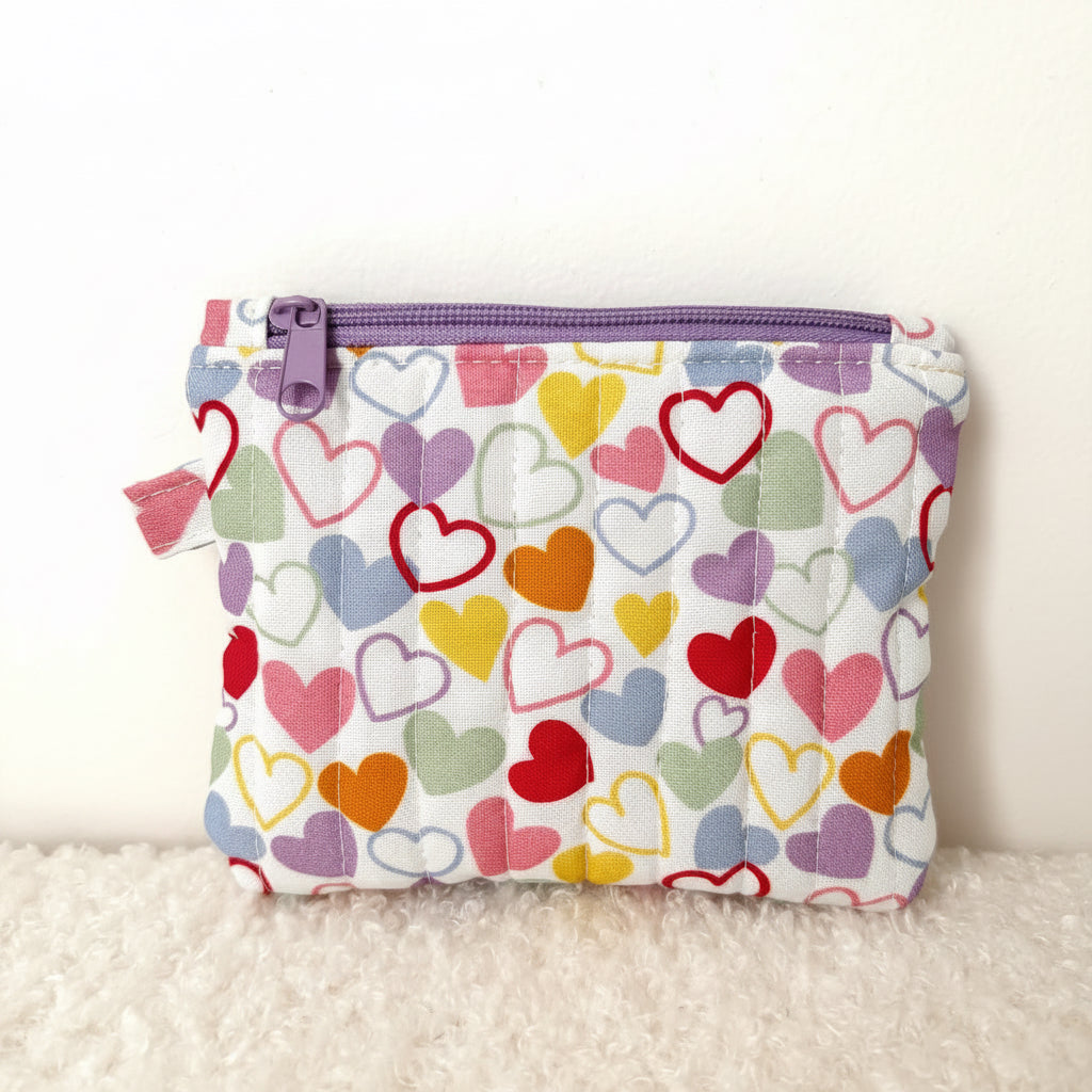 Quilted Zipper Coin Purse - Hearts (Purple)
