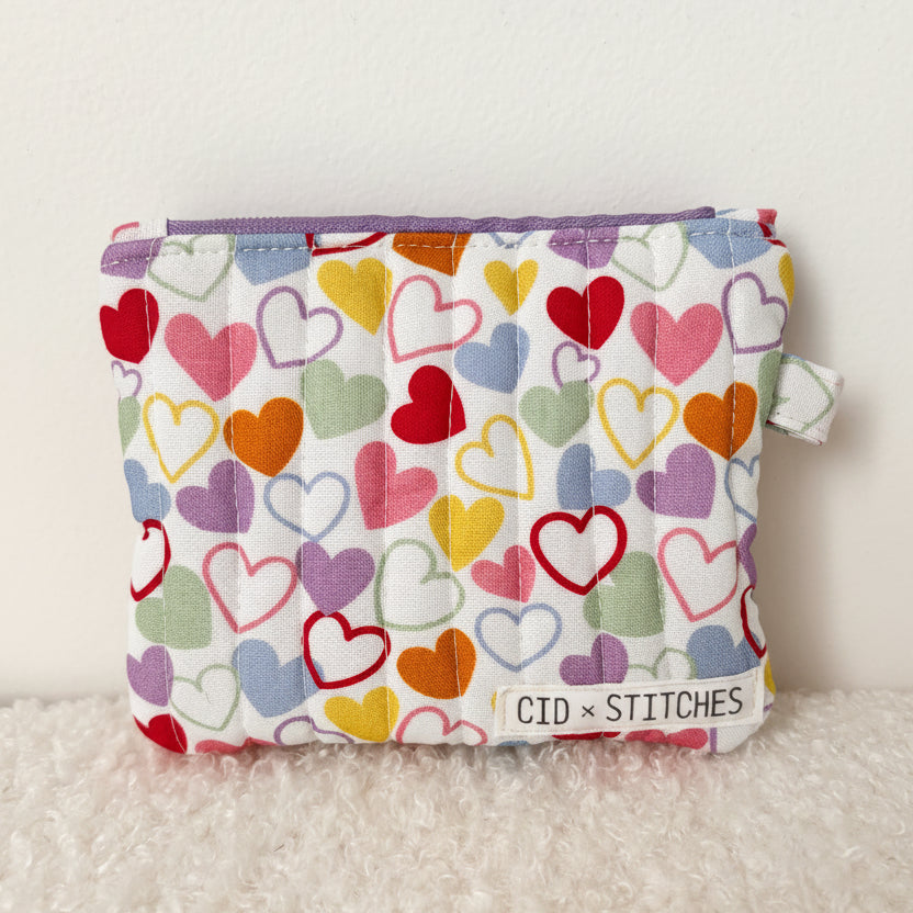 Quilted Zipper Coin Purse - Hearts (Purple)