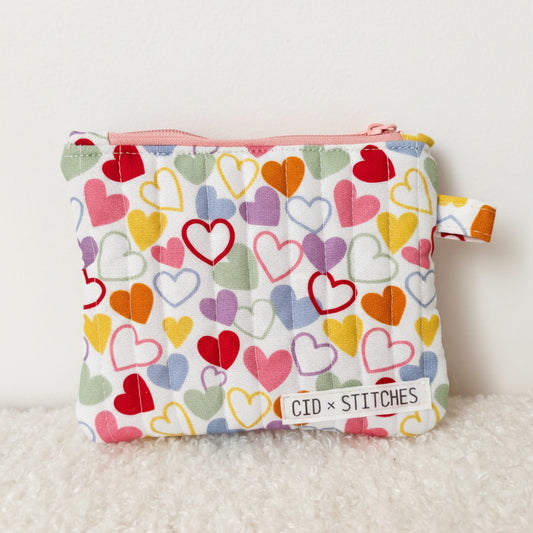Quilted Zipper Coin Purse - Hearts (Pink)