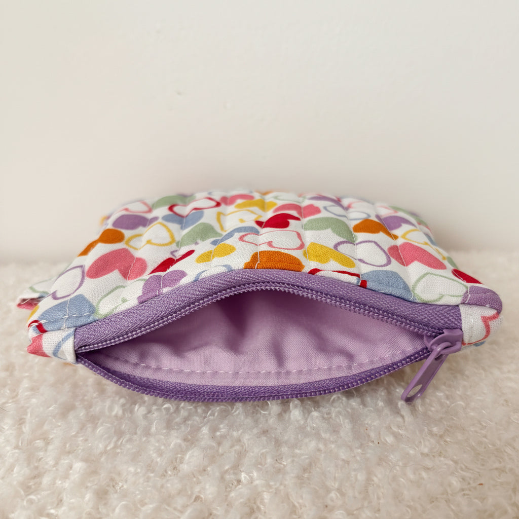 Quilted Zipper Coin Purse - Hearts (Purple)